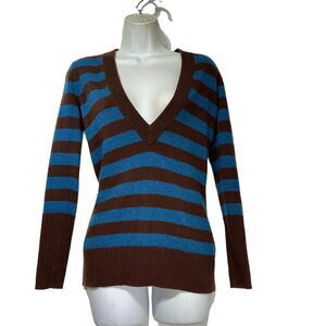 beth bowley brown blue 100% Cashmere Stripe preppy academia Sweater Size P